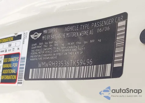 2006 Mini Cooper S z USA, uszkodzony, nr VIN WMWRH33536TK59496